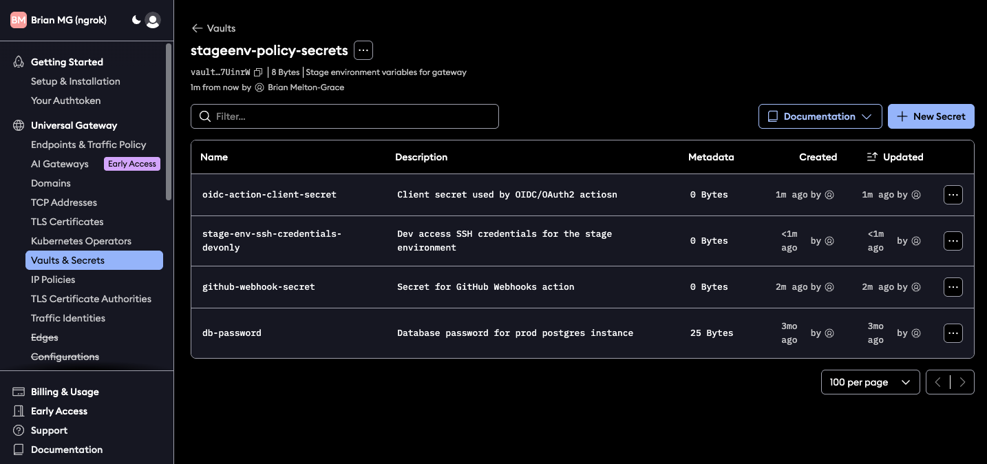 Viewing the secrets within a single vault in the ngrok
dashboard