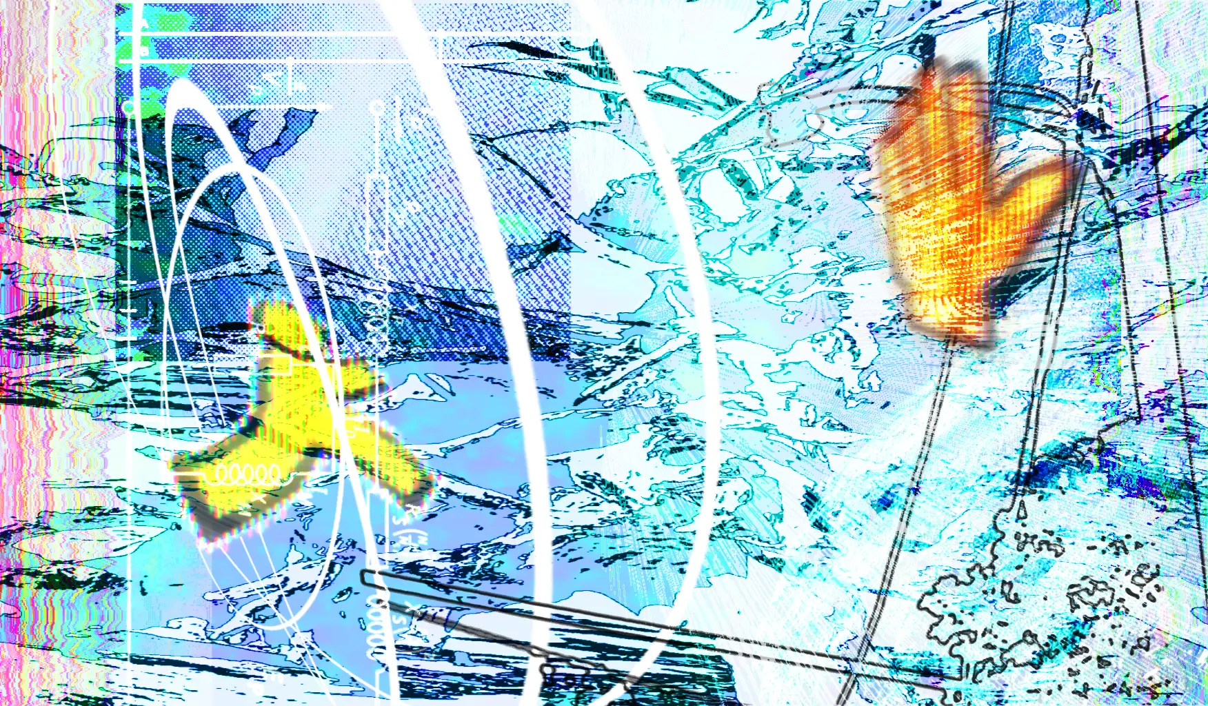 A complex, stylized design featuring what looks like the AOL Instant Messenger logo (a walking stick figure)
dramatically positioned facing the hand symbol from a crosswalk light. Background elements are real photos of trees,
power lines, and street lamps taken from around our
town.