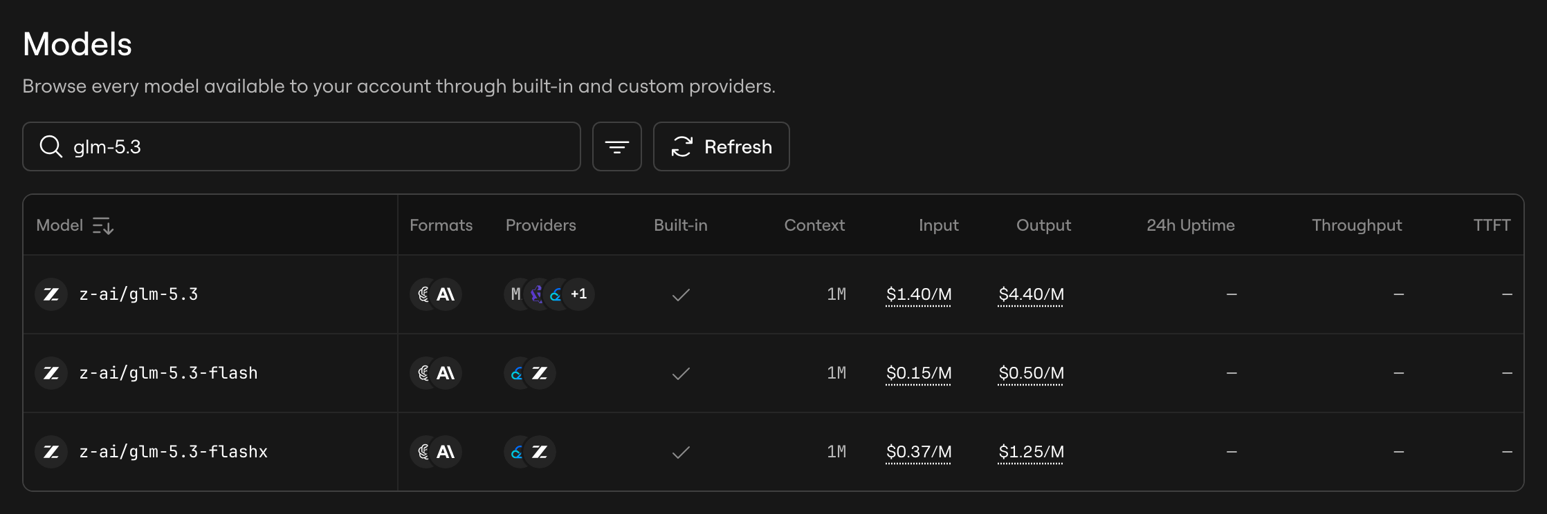 AI Gateway model catalog in dark mode, filtered to GLM-5.3, showing GLM-5.3, GLM-5.3-Flash, and GLM-5.3-FlashX with provider options and token prices.