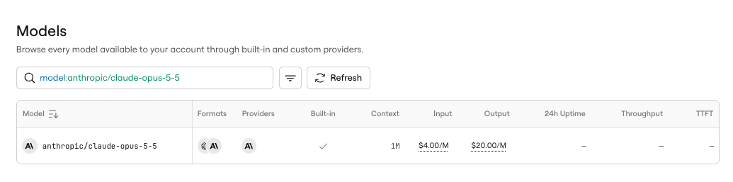 AI Gateway Models page with the search filtered to model:anthropic/claude-opus-5-5, showing a single built-in row for anthropic/claude-opus-5-5 with a 1M context window and its input and output token prices.